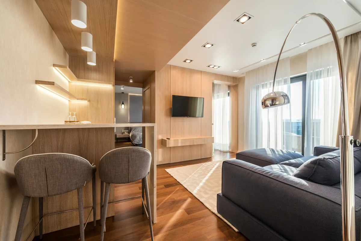 modern hotel kitchenette workspace