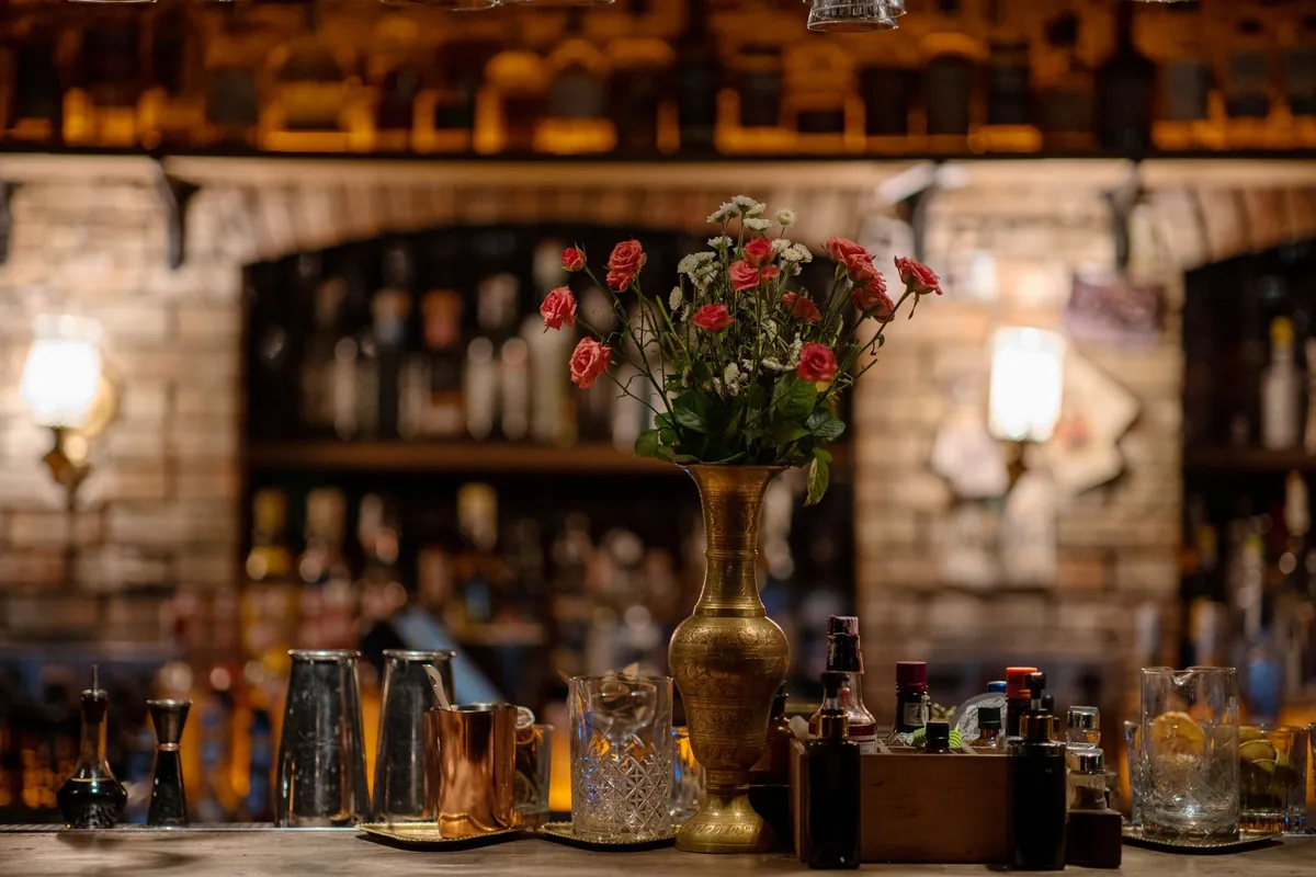 cocktail bar counter bottles