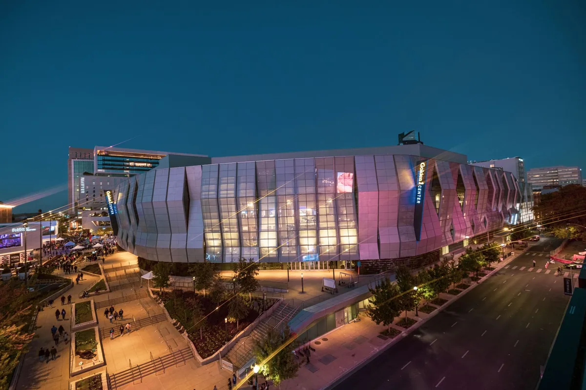 hotel exterior in a downtown entertainment district near sports stadiums