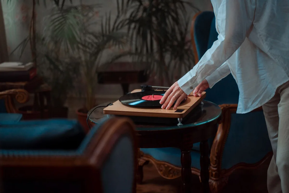 stylish cocktail bar counter with analog vinyl record turntable setup