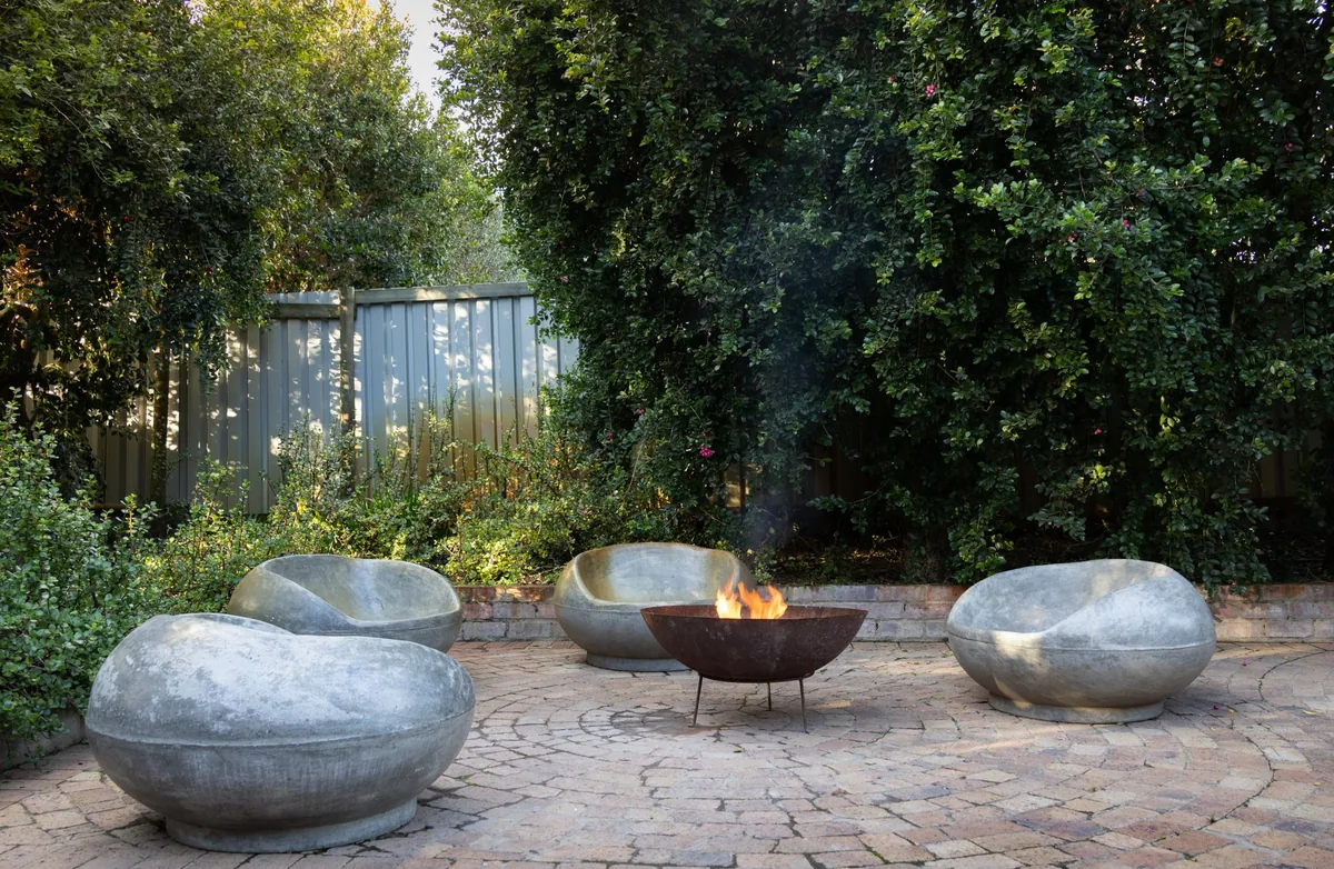 outdoor hotel patio with fire pit