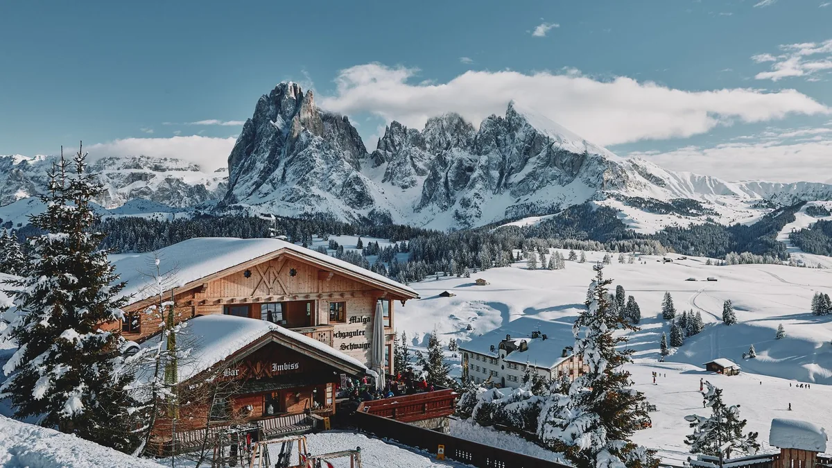 snow covered alpine ski chalet exterior