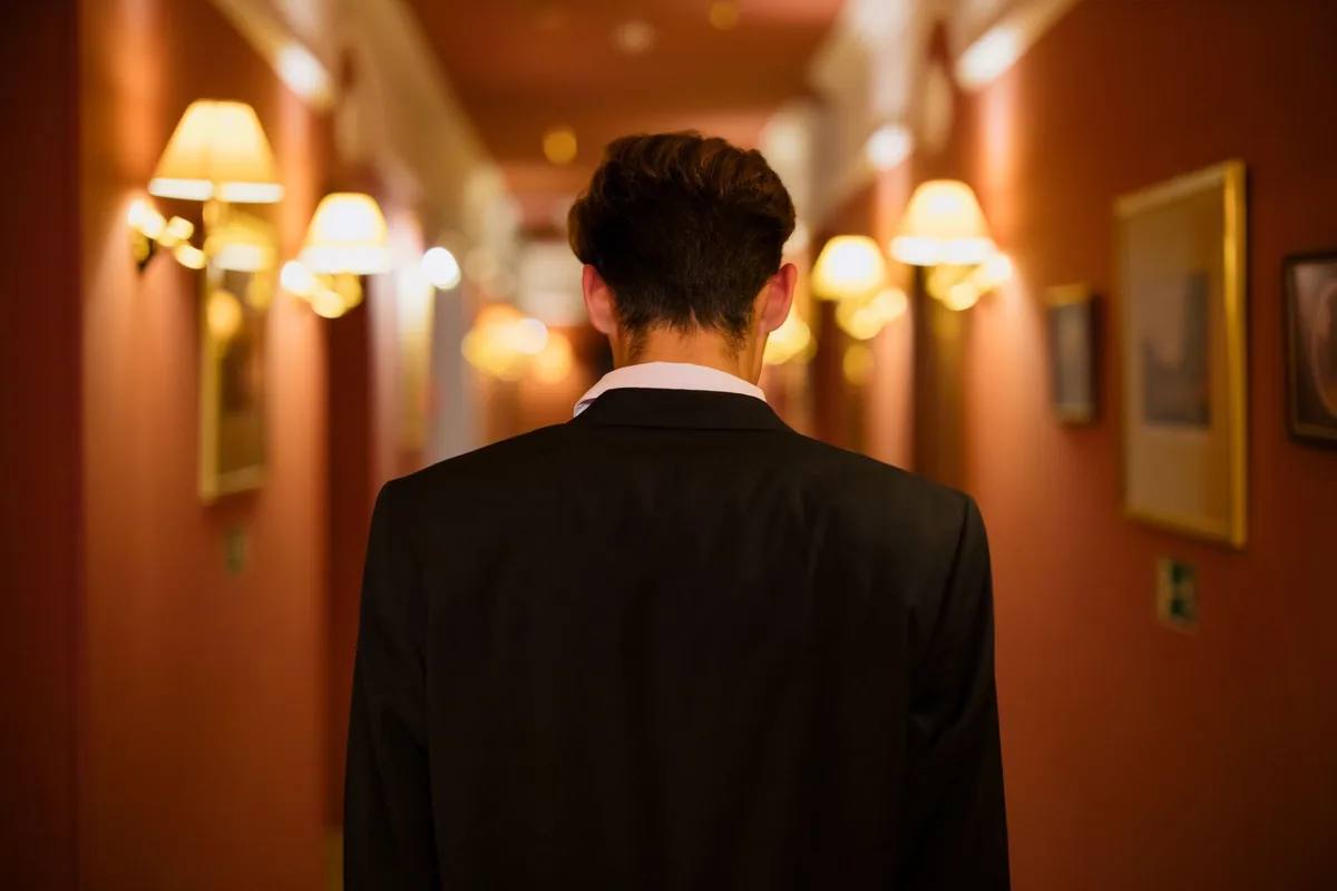 business executive walking through hotel corridor
