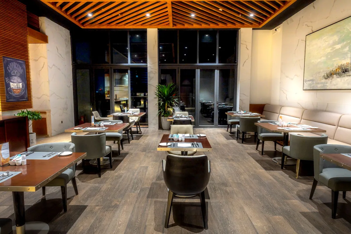upscale ground-floor hotel restaurant dining room
