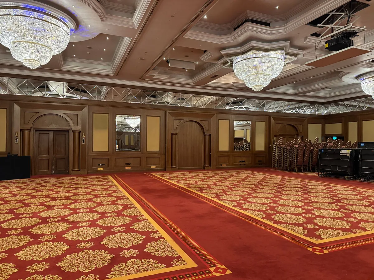 upscale hotel ballroom set for a formal event