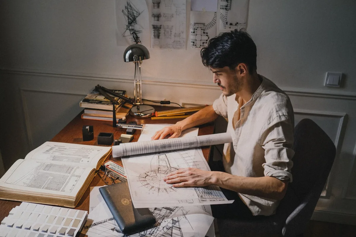 hotel architectural blueprint drawings desk