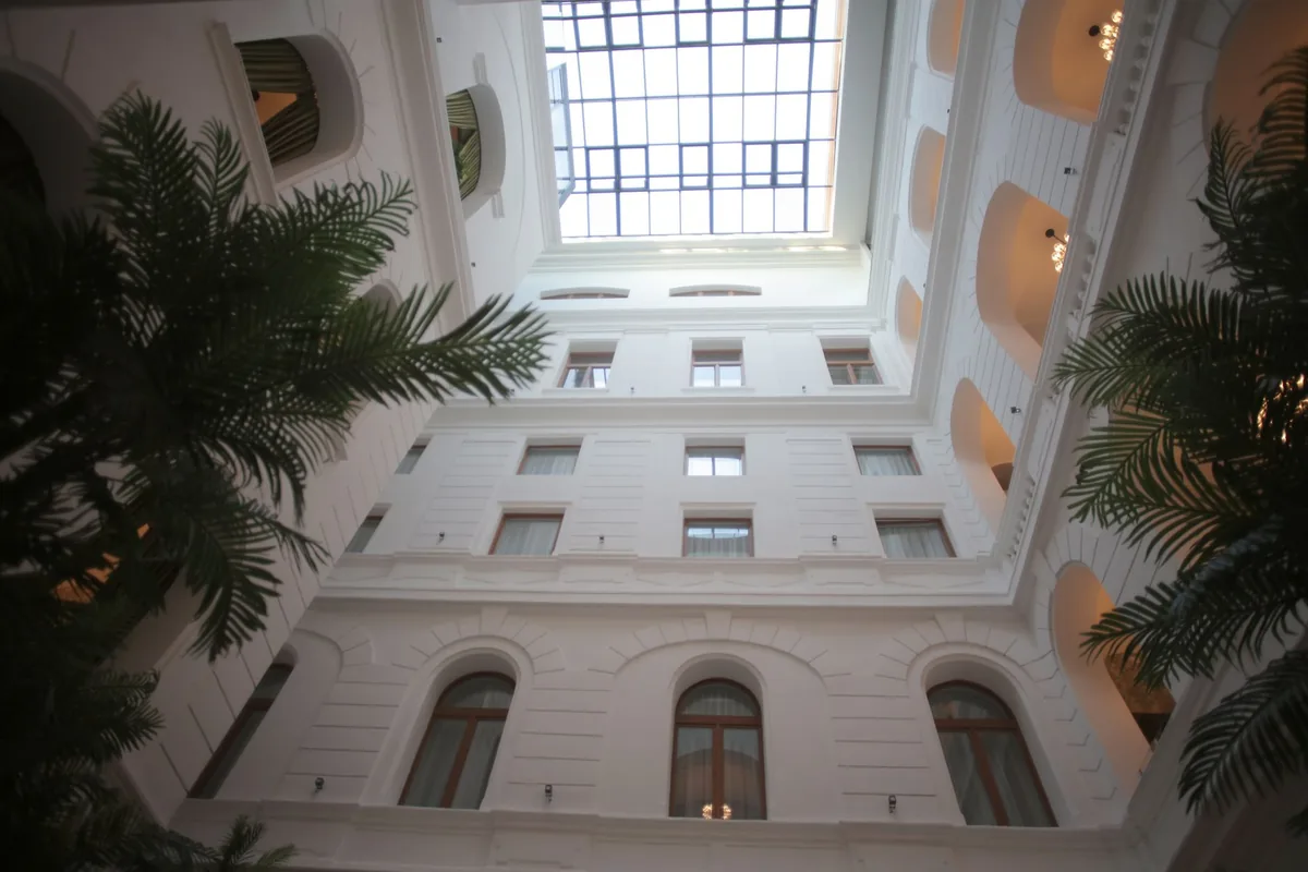 historic hotel lobby atrium glass ceiling