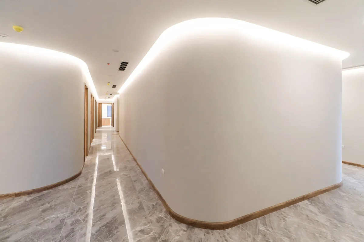 commercial building corridor architectural wood paneling