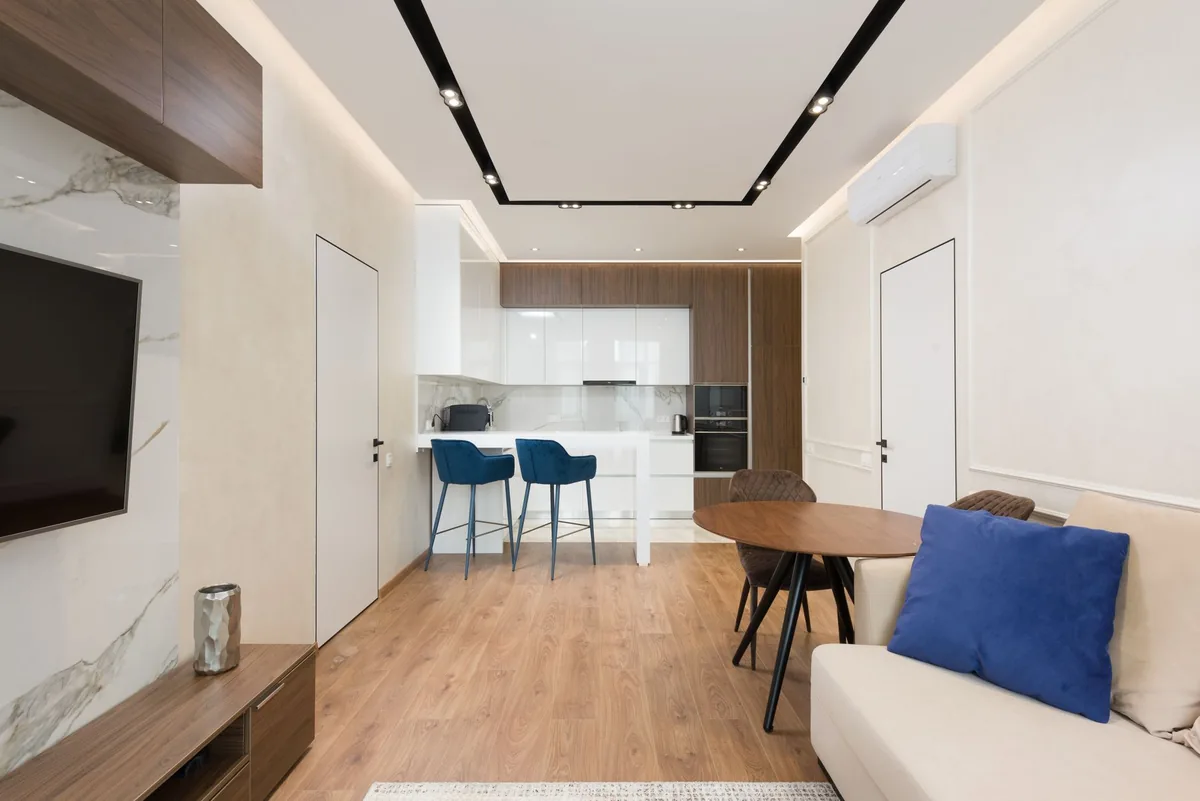 modern hotel suite kitchen living room