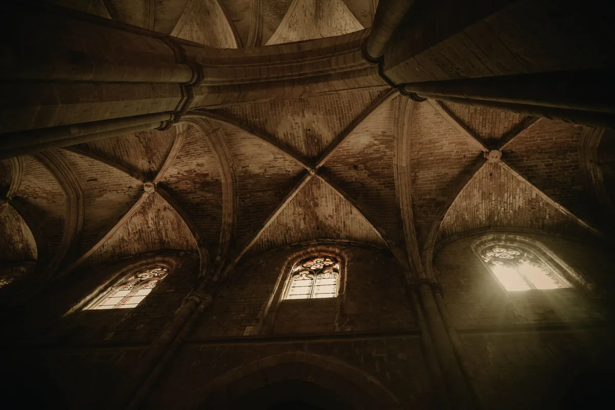 ancient cathedral vaulted ceiling wooden beams