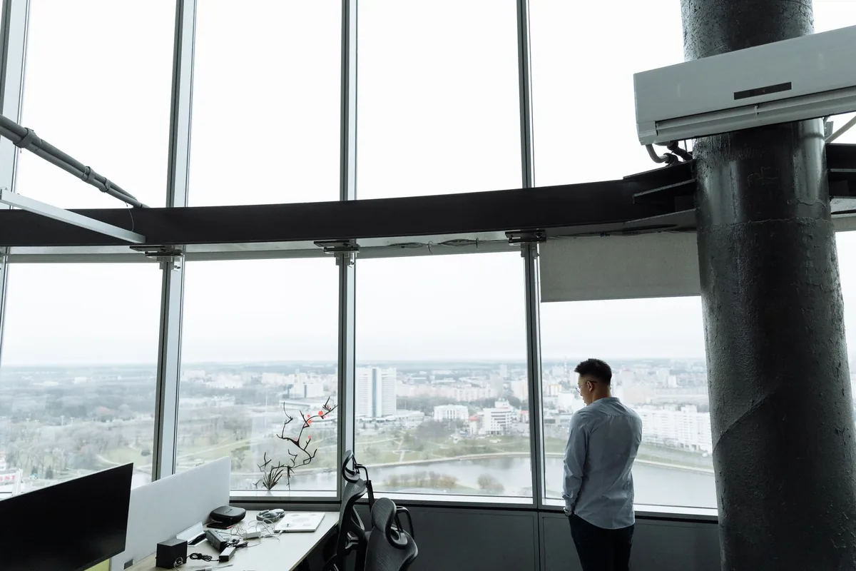 corporate office desk skyscraper window