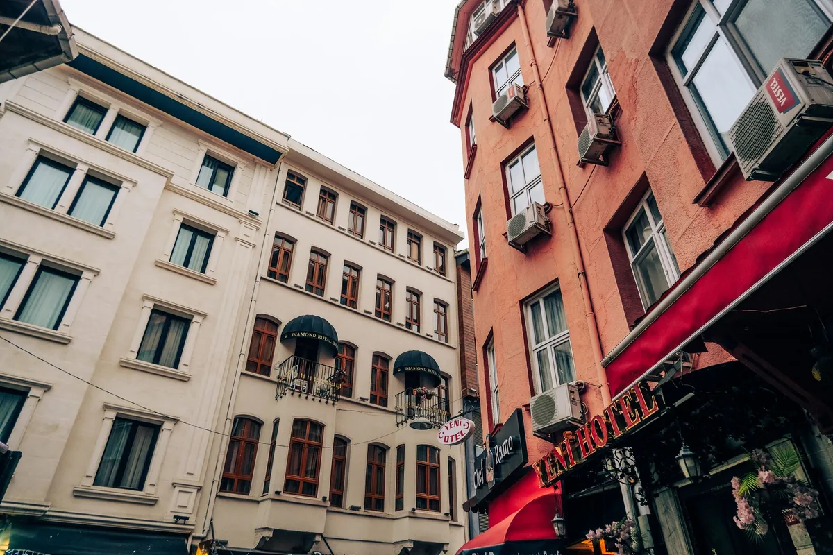 historic european city street hotel facade