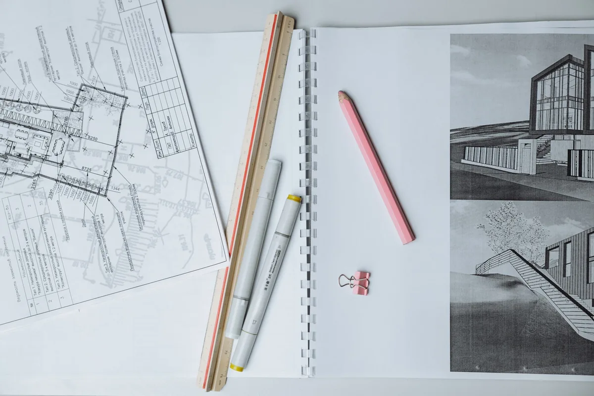architectural blueprints on construction desk