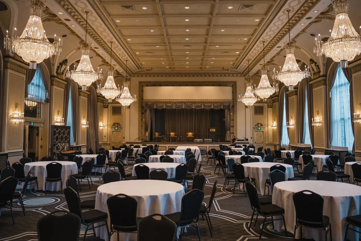 empty hotel ballroom with large windows and city views