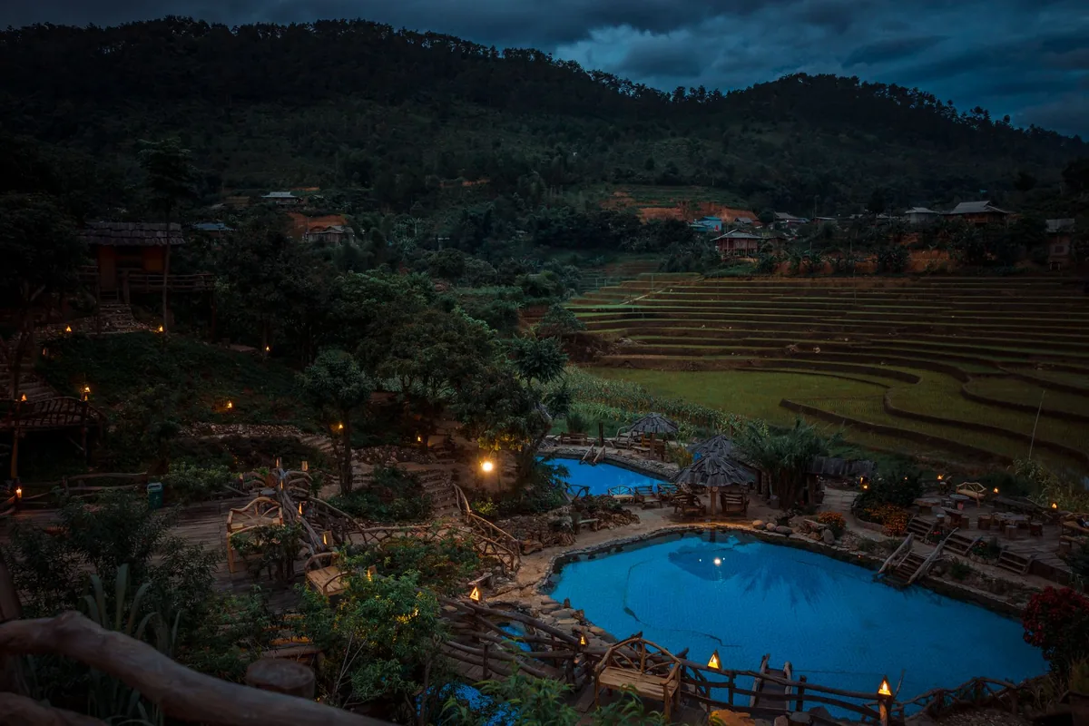resort swimming pool paddy fields