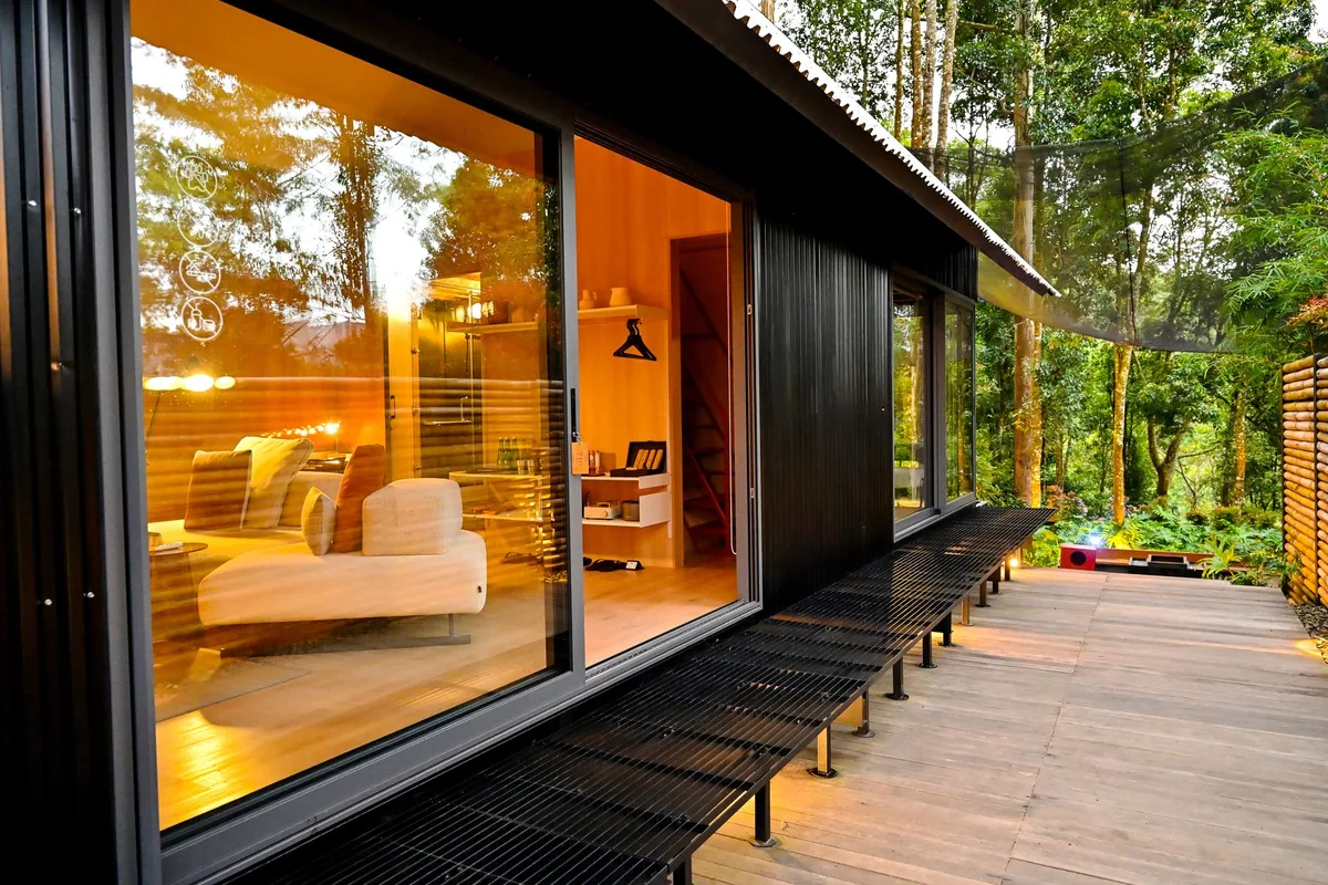 modern luxury cabin exterior with deck