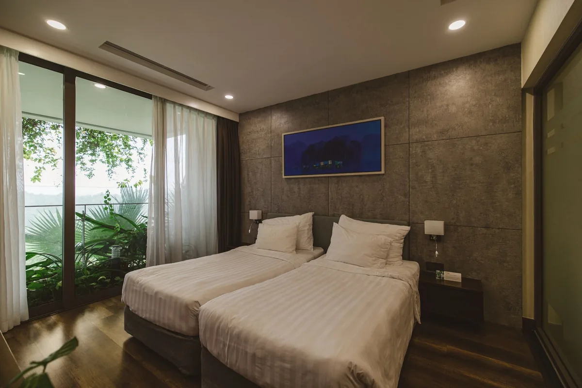 modern hotel suite interior with garden view
