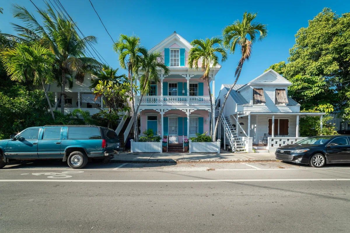 historic hotel exterior in Key West with anniversary decorations