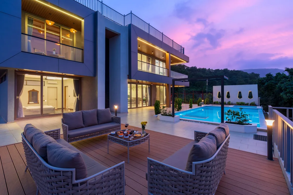modern luxury resort exterior at dusk