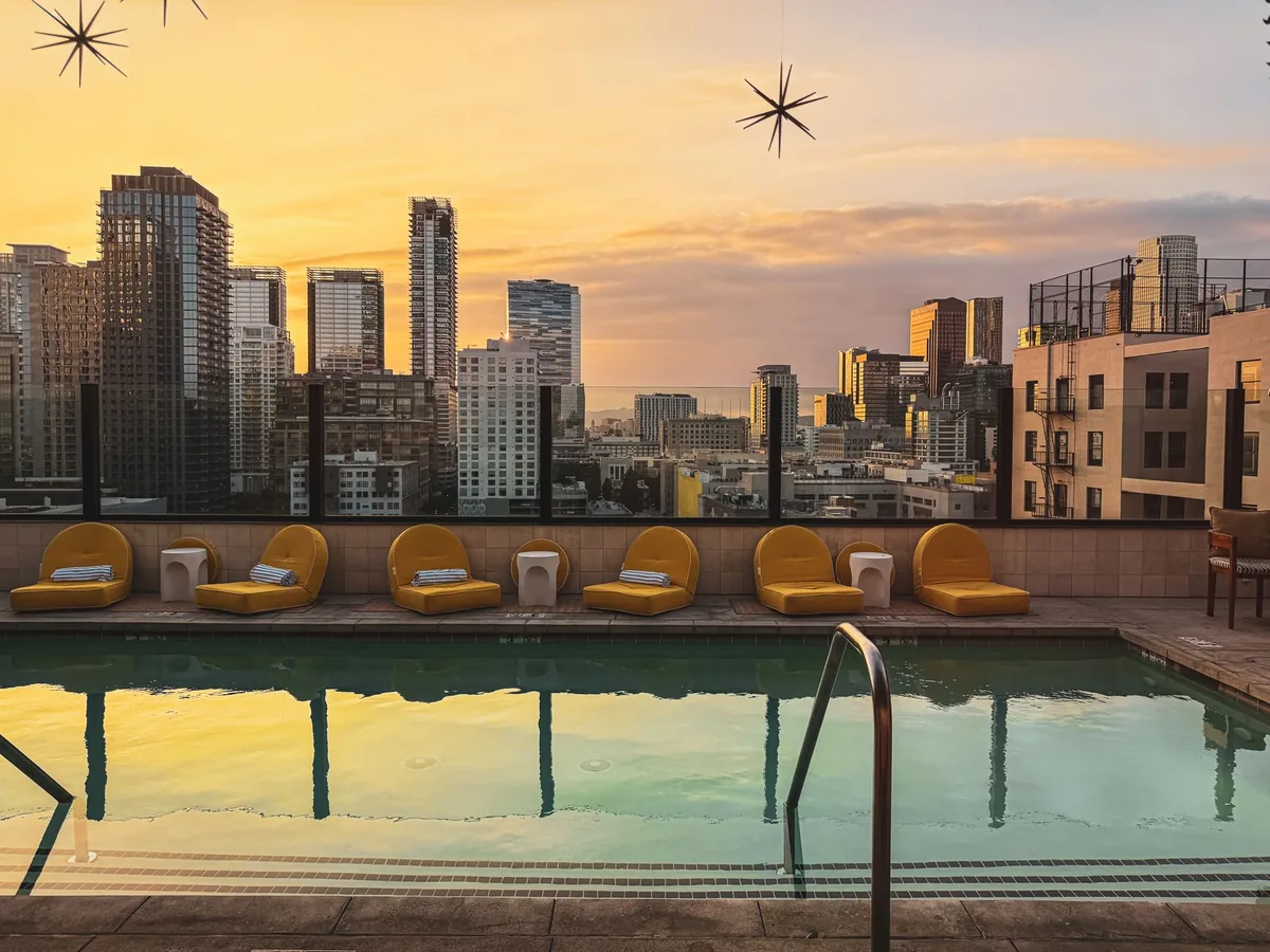 rooftop pool deck overlooking city skyline