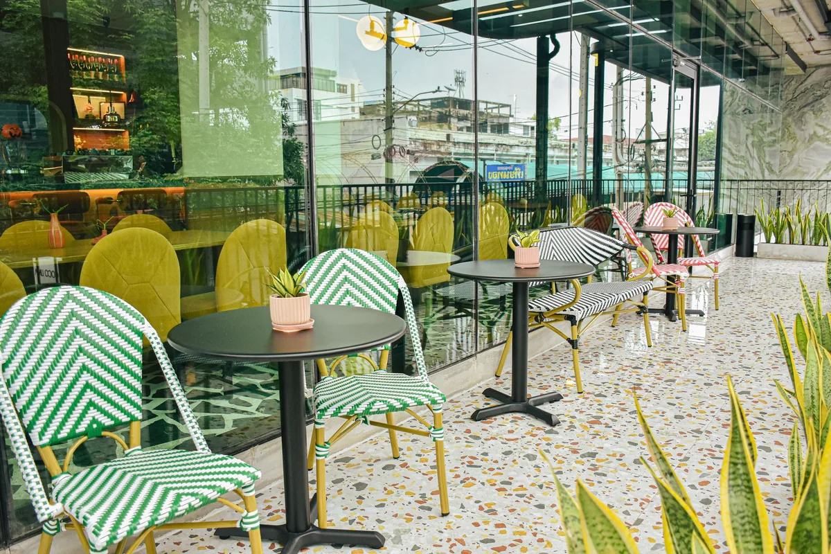 Indian restaurant dining room with terrace seating