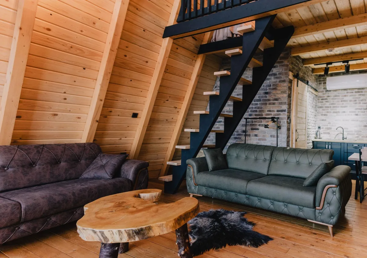 modern hotel apartment living room stone timber