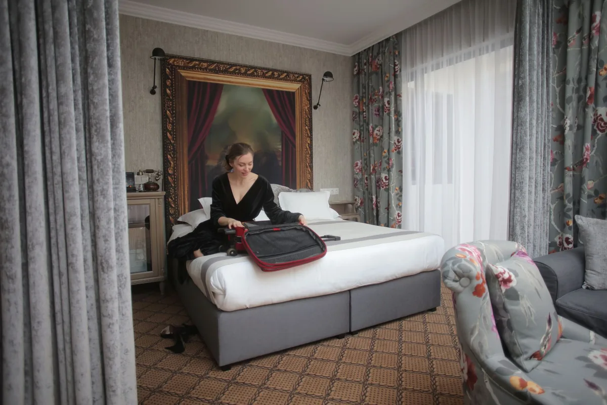 hotel bedroom luggage bed interior
