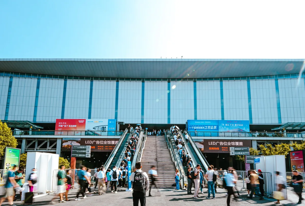 crowded convention center exterior entrance