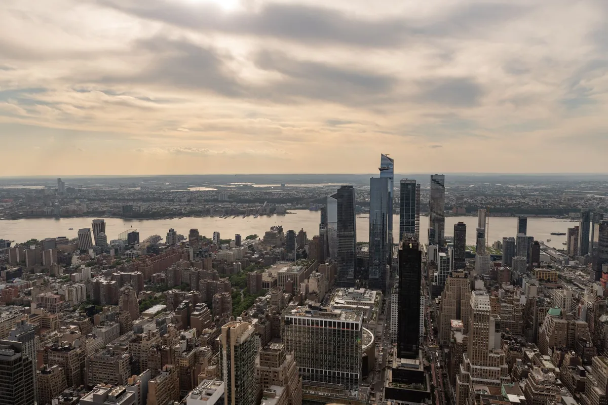 New York City skyline viewed from a high-rise hotel balcony